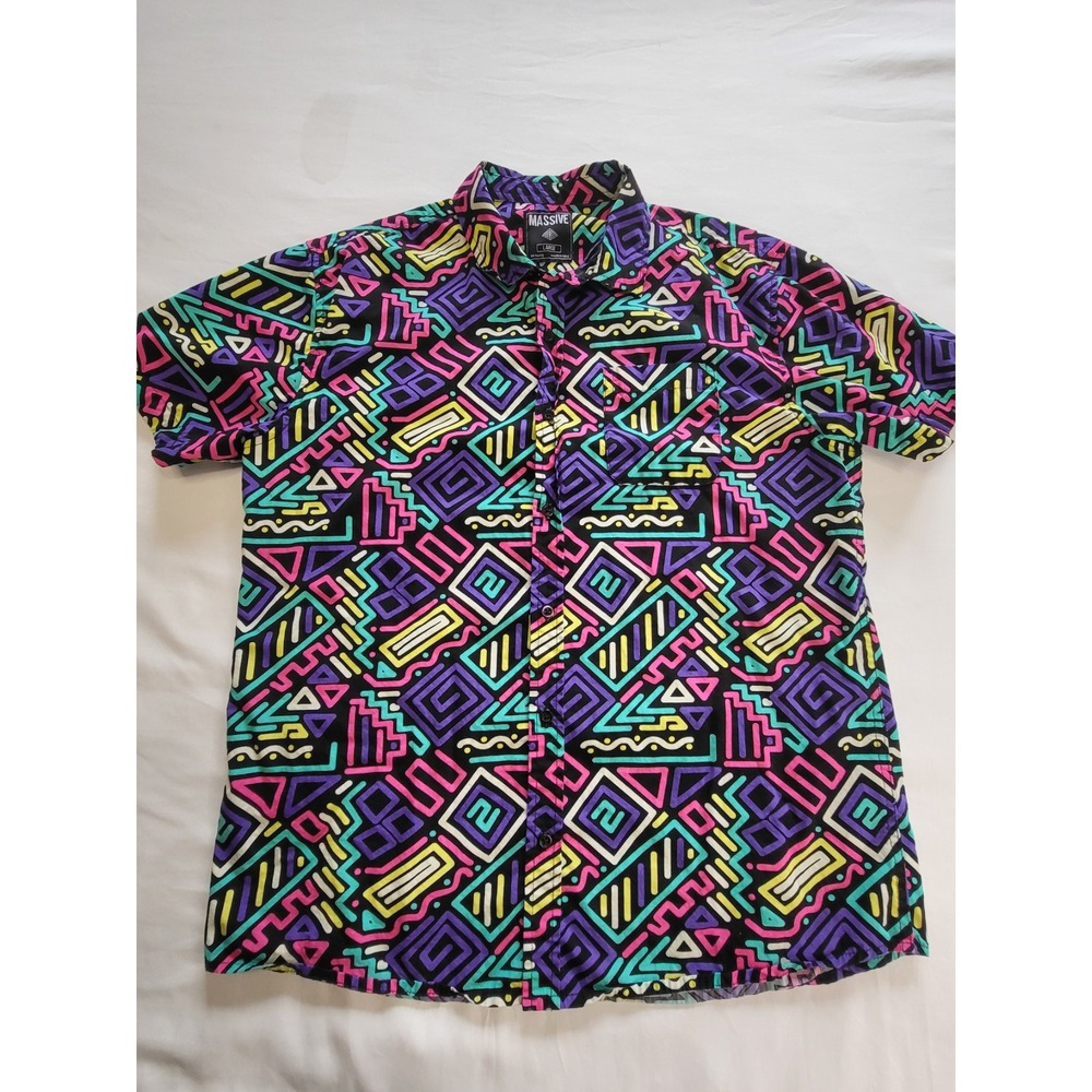 Massive Mens Large Short Sleeve Button Down Shirt 90s Geometric Retro Cotton